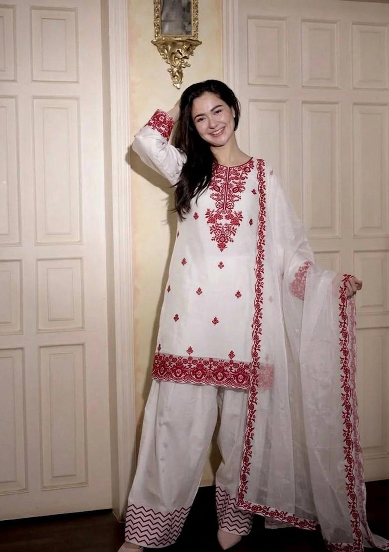 Red Zari Work Cotton salwar suit - Indya