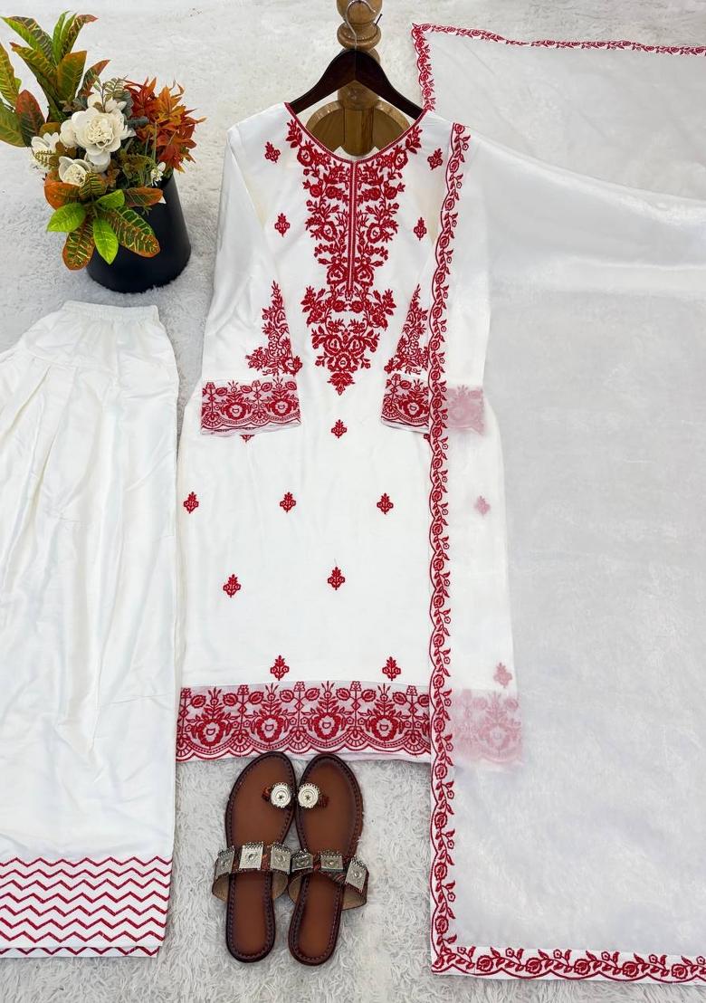 Red Zari Work Cotton salwar suit - Indya