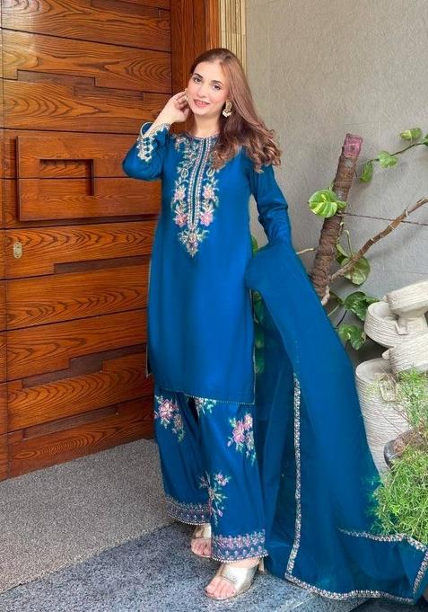 Teal Zari Work crepe salwar suit