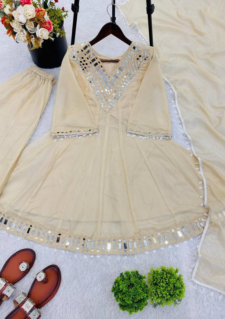 Cream Zari Work Silk Blend salwar suit - Indya