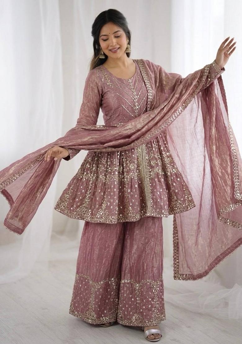 Pink Zari Work Silk Blend salwar suit - Indya