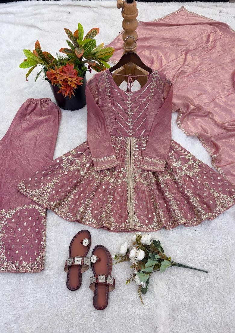 Pink Zari Work Silk Blend salwar suit - Indya