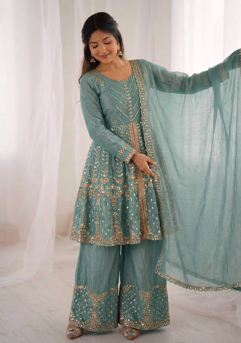 Teal Zari Work Silk Blend salwar suit - Indya