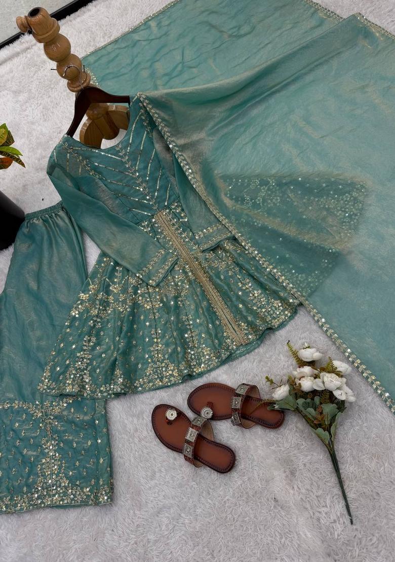 Teal Zari Work Silk Blend salwar suit - Indya