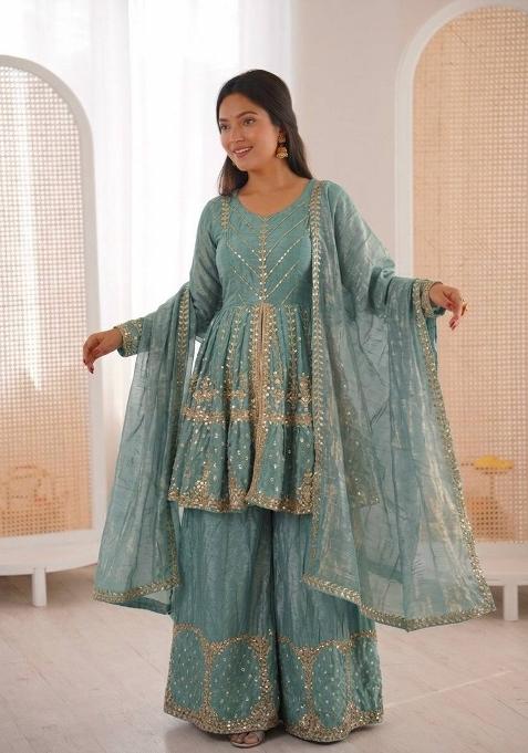 Teal Zari Work Silk salwar suit
