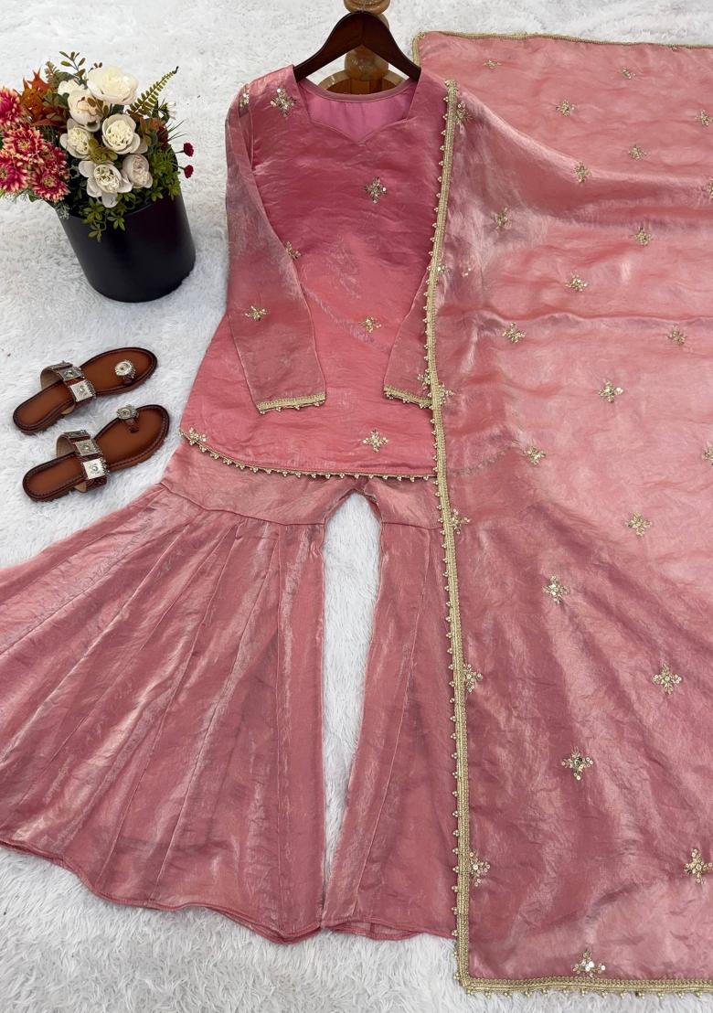 Pink Zari Work Silk Blend salwar suit - Indya