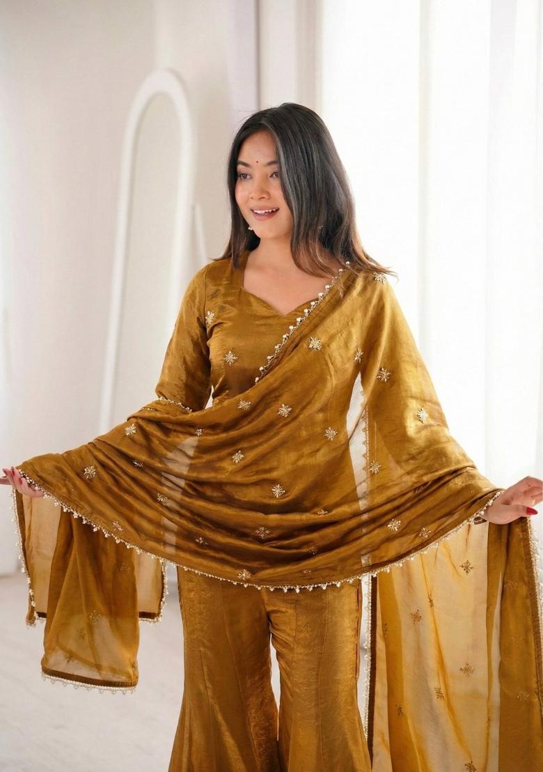 Gold Zari Work Silk Blend salwar suit - Indya