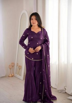 Purple Zari Work Silk Blend salwar suit