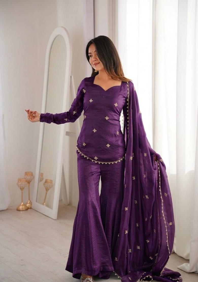 Purple Zari Work Silk Blend salwar suit - Indya