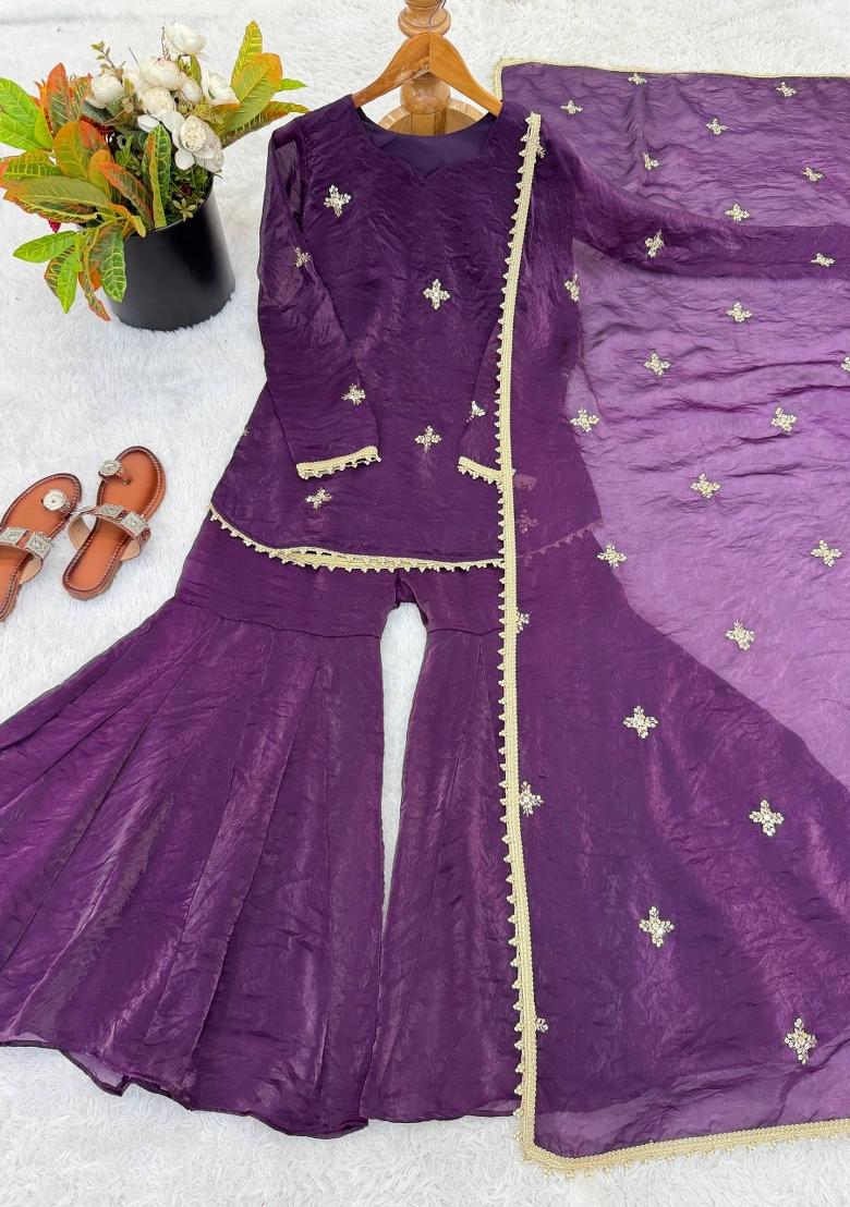 Purple Zari Work Silk Blend salwar suit - Indya