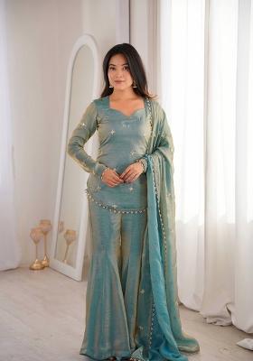 Teal Zari Work Silk Blend salwar suit