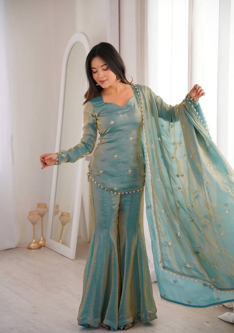 Teal Zari Work Silk Blend salwar suit - Indya