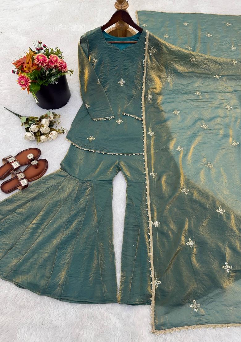 Teal Zari Work Silk Blend salwar suit - Indya