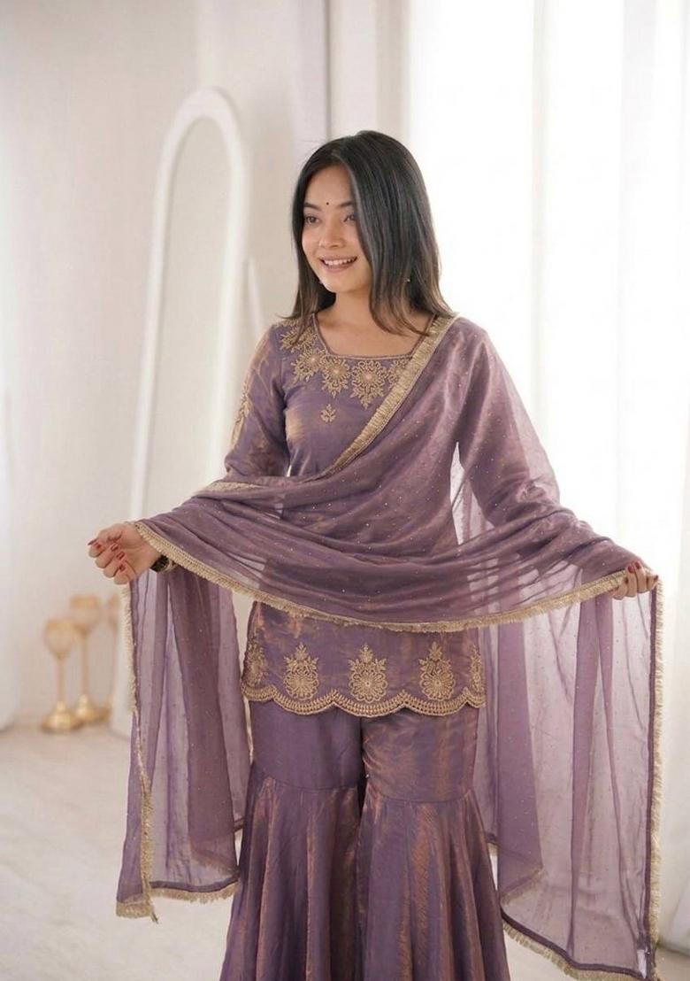lavender Zari Work Silk Blend salwar suit - Indya