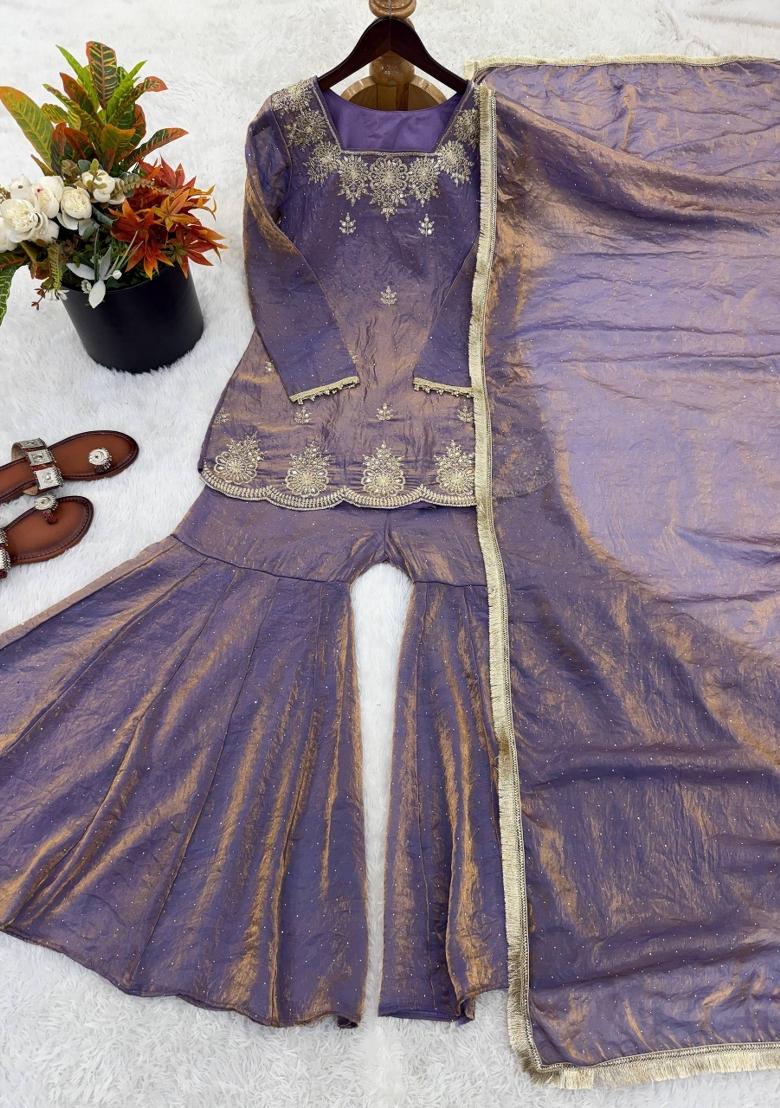lavender Zari Work Silk Blend salwar suit - Indya