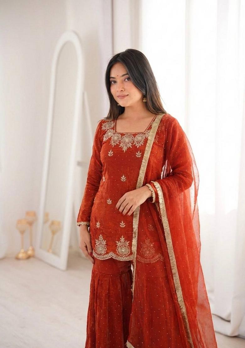 Orange Zari Work Silk Blend salwar suit - Indya