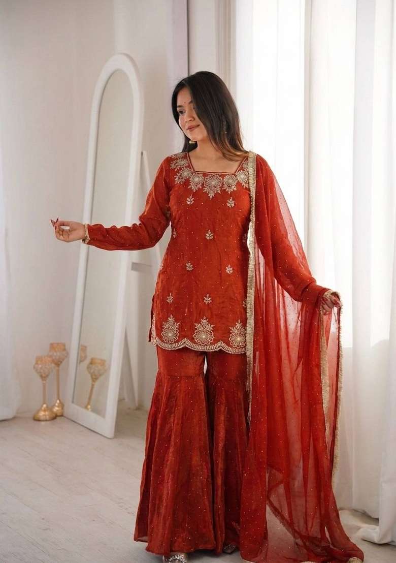 Orange Zari Work Silk Blend salwar suit - Indya