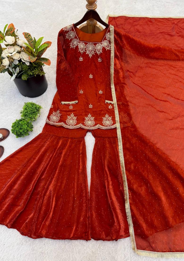Orange Zari Work Silk Blend salwar suit - Indya