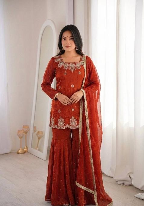 Orange Zari Work Silk salwar suit