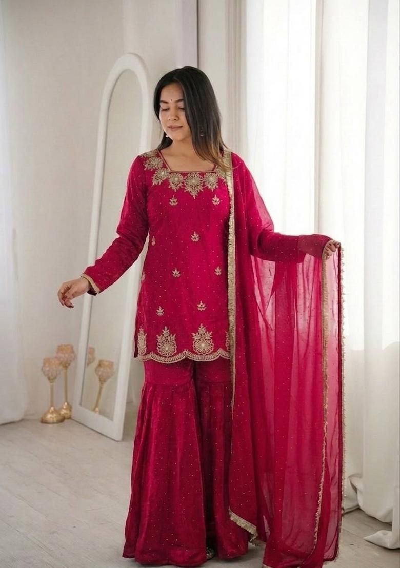 Pink Zari Work Silk Blend salwar suit - Indya