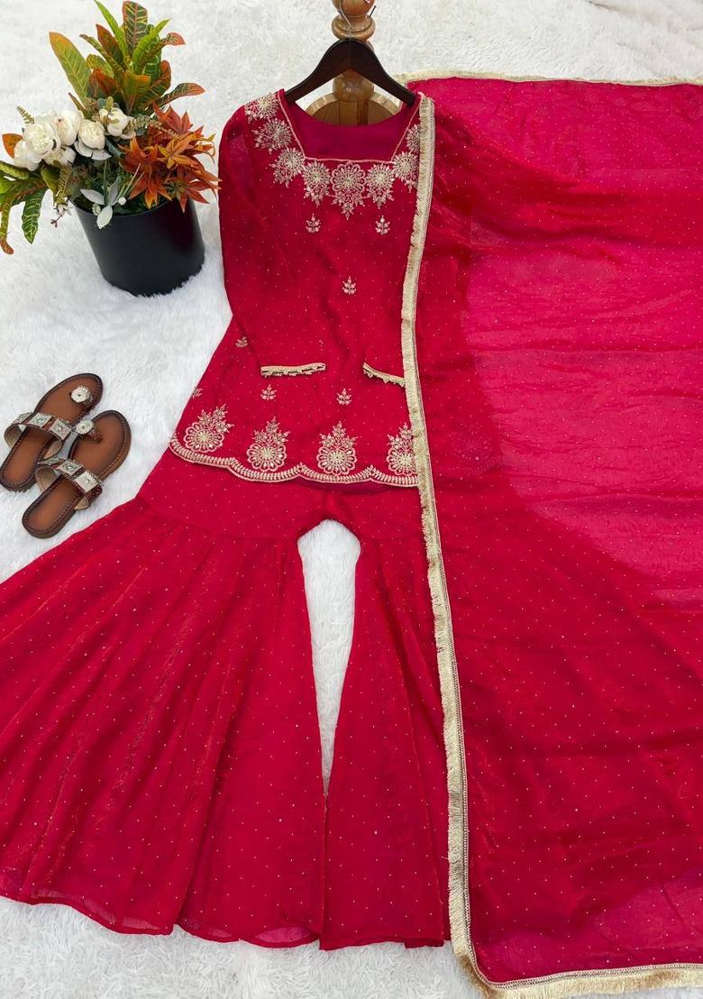 Pink Zari Work Silk Blend salwar suit - Indya