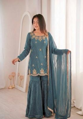 Teal Zari Work Silk Blend salwar suit