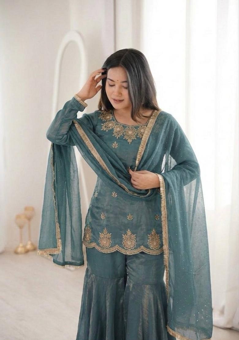 Teal Zari Work Silk Blend salwar suit - Indya
