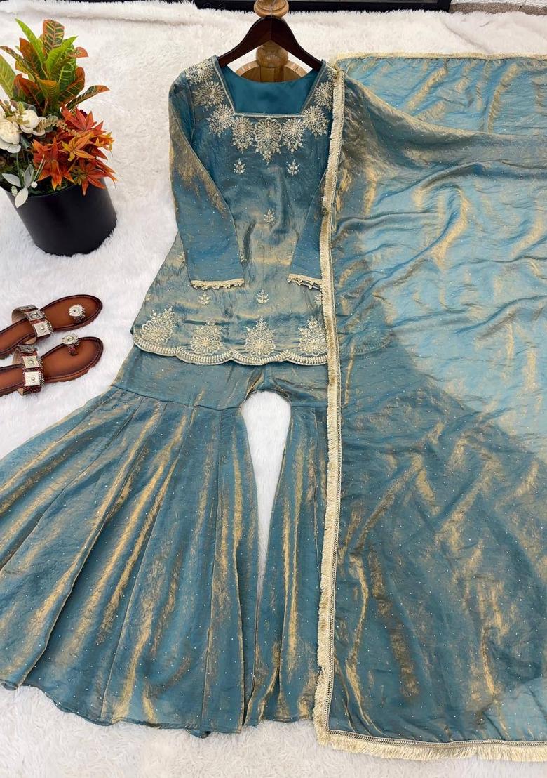 Teal Zari Work Silk Blend salwar suit - Indya