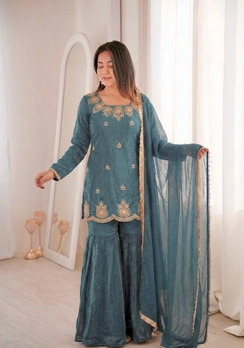 Teal Zari Work Silk salwar suit