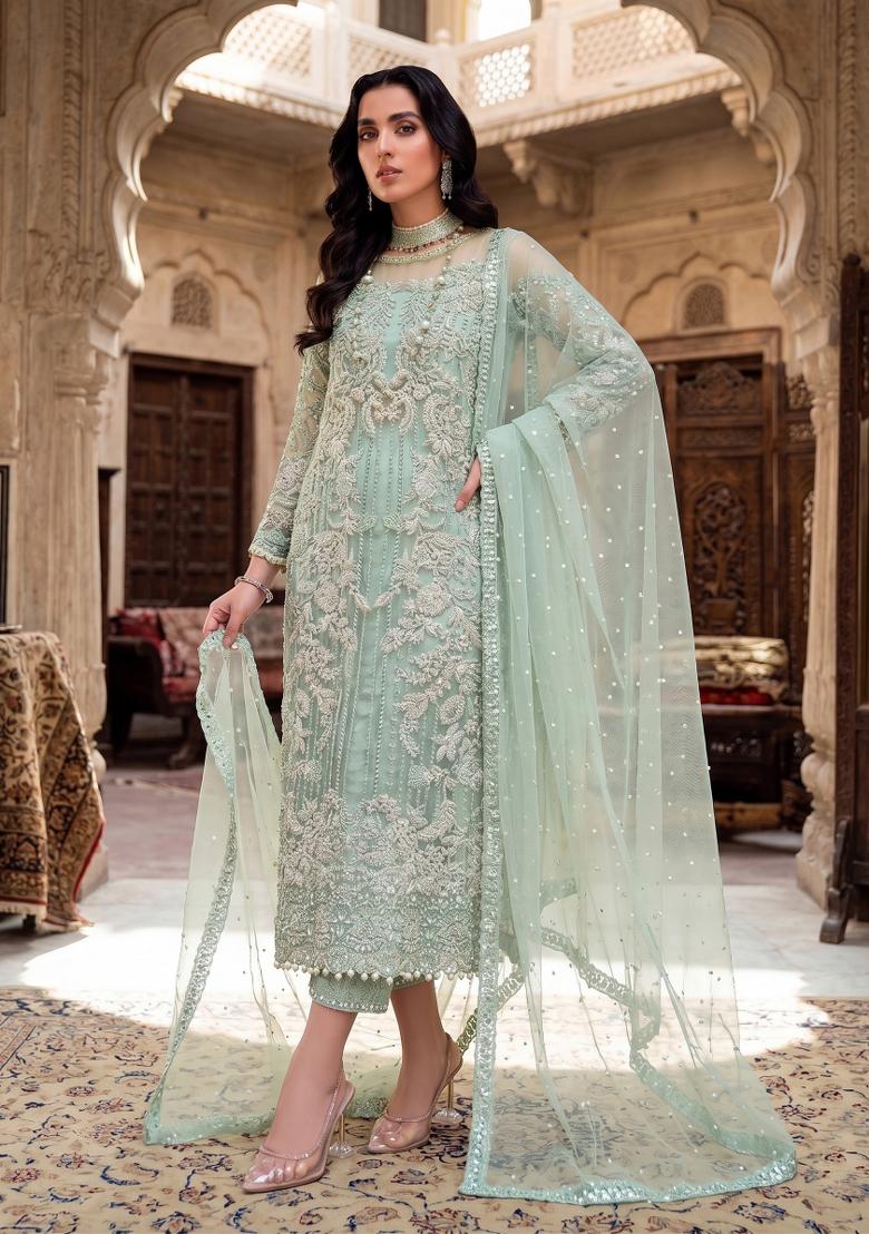 light green Zari Work Silk Blend salwar suit - Indya
