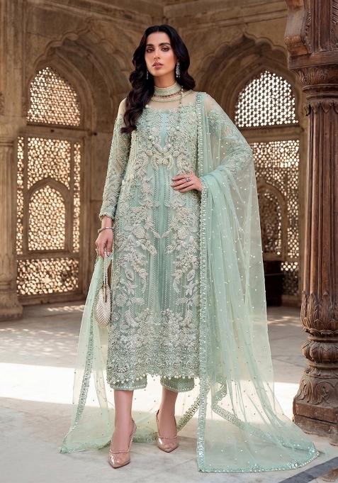light green Zari Work Silk salwar suit