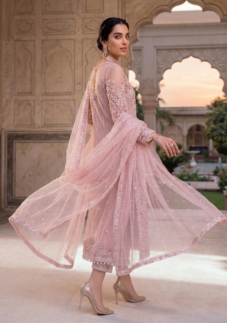 Pink Zari Work Silk Blend salwar suit - Indya