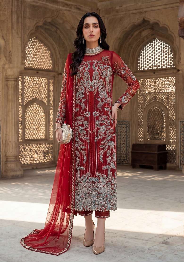 Red Zari Work Silk Blend salwar suit - Indya