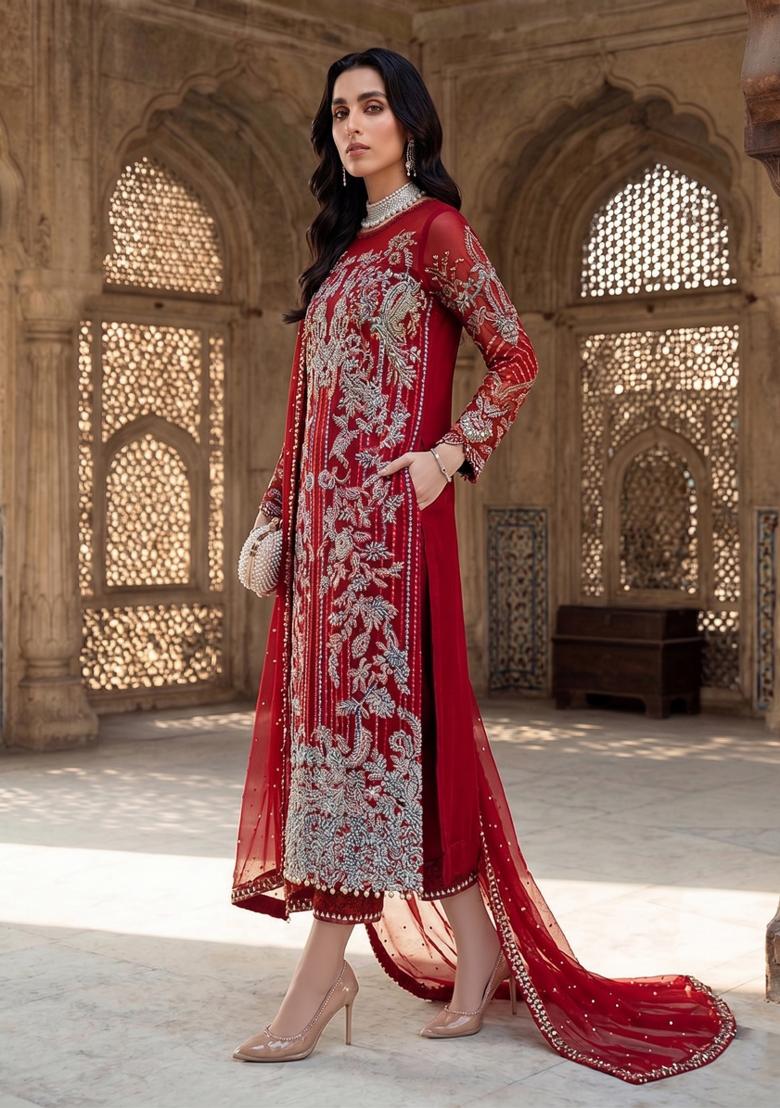 Red Zari Work Silk Blend salwar suit - Indya