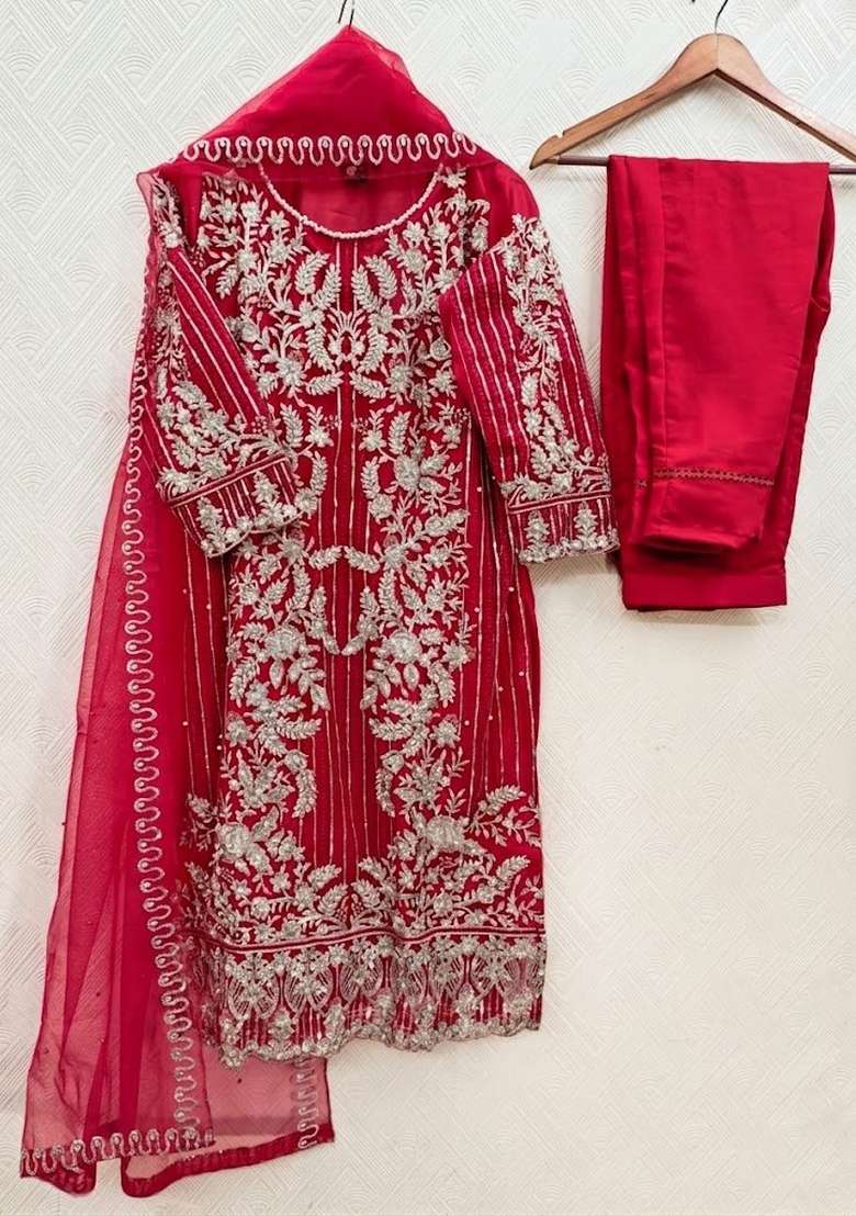 Red Zari Work Silk Blend salwar suit - Indya