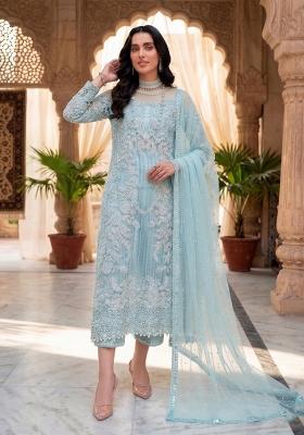 sky blue Zari Work Silk salwar suit