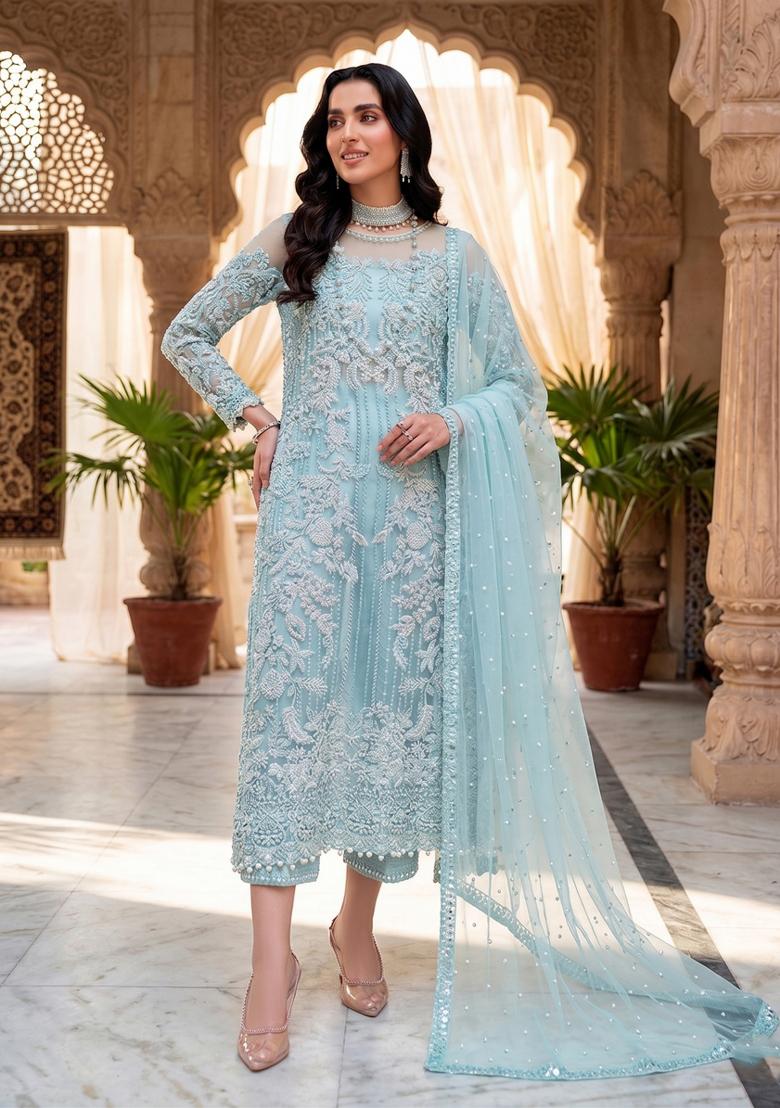 sky blue Zari Work Silk Blend salwar suit - Indya