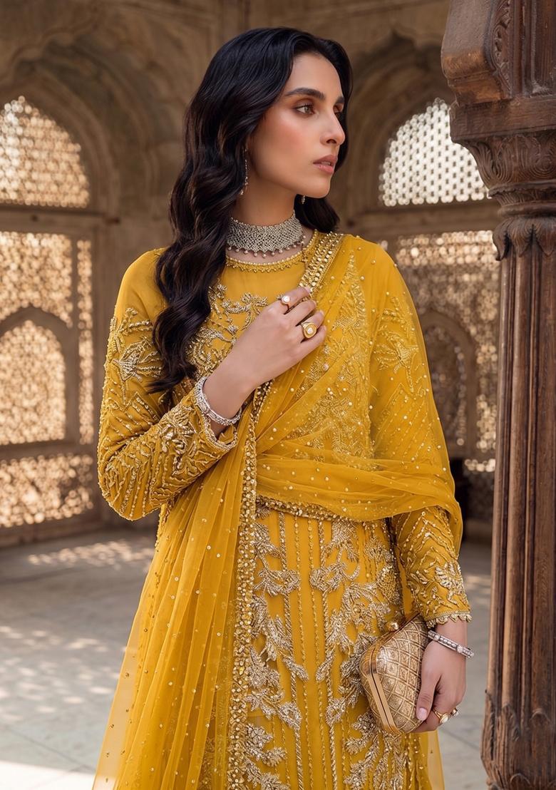 Yellow Zari Work Silk Blend salwar suit - Indya