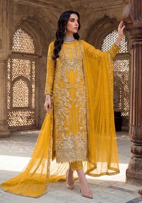 Yellow Zari Work Silk salwar suit