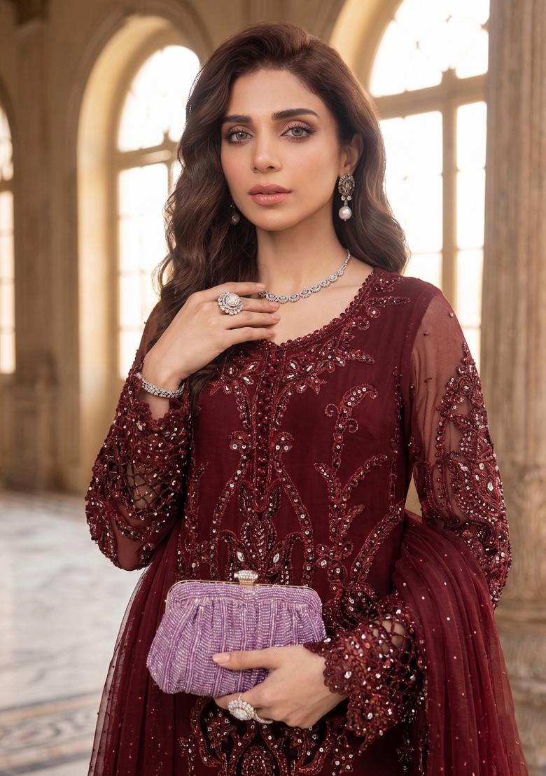Maroon Zari Work Silk Blend salwar suit - Indya