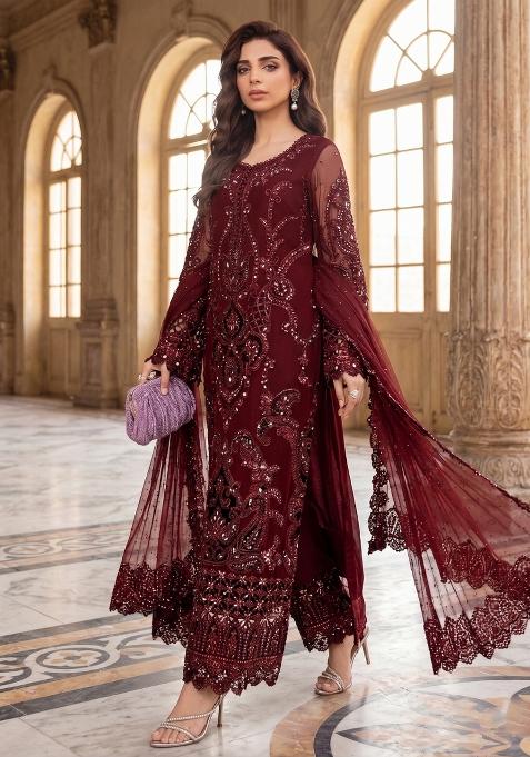 Maroon Zari Work Silk salwar suit