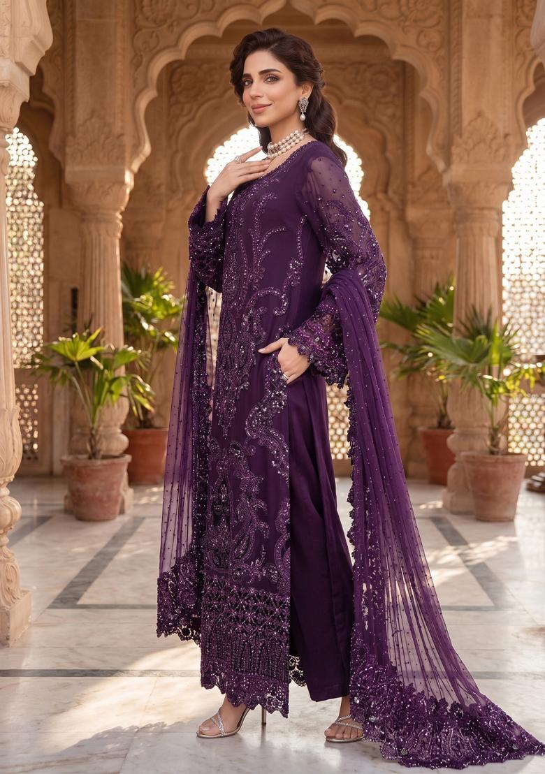 Purple Zari Work Silk Blend salwar suit - Indya