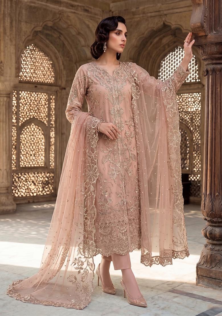 Beige Zari Work Silk Blend salwar suit - Indya