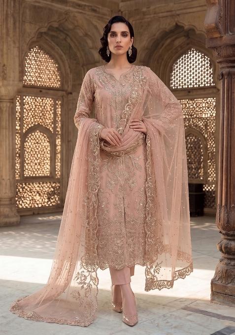 Beige Zari Work Silk salwar suit