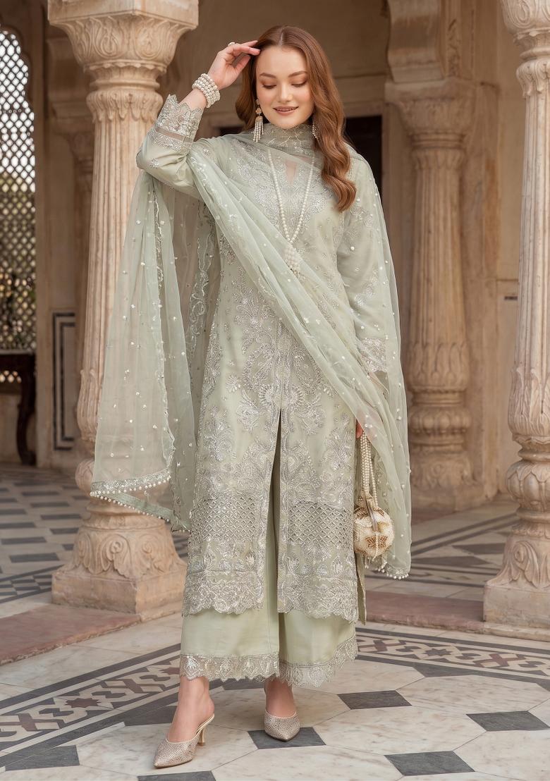 Green Zari Work Silk Blend salwar suit - Indya