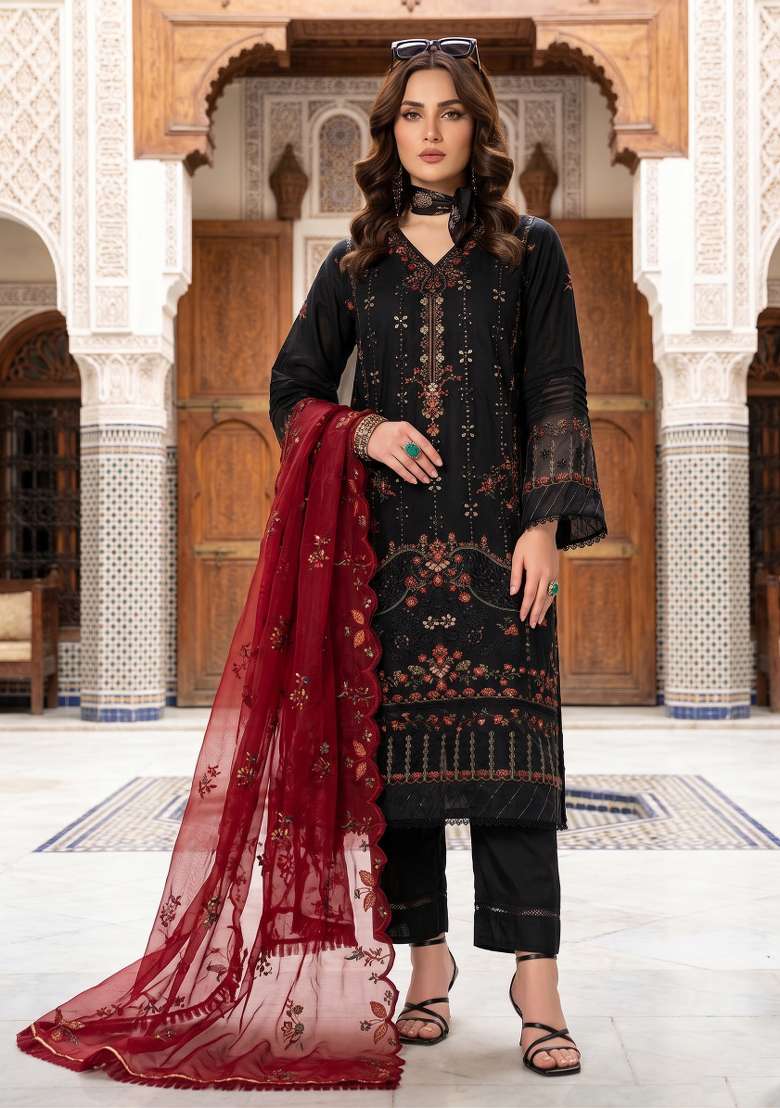 Black Zari Work Silk Blend salwar suit - Indya