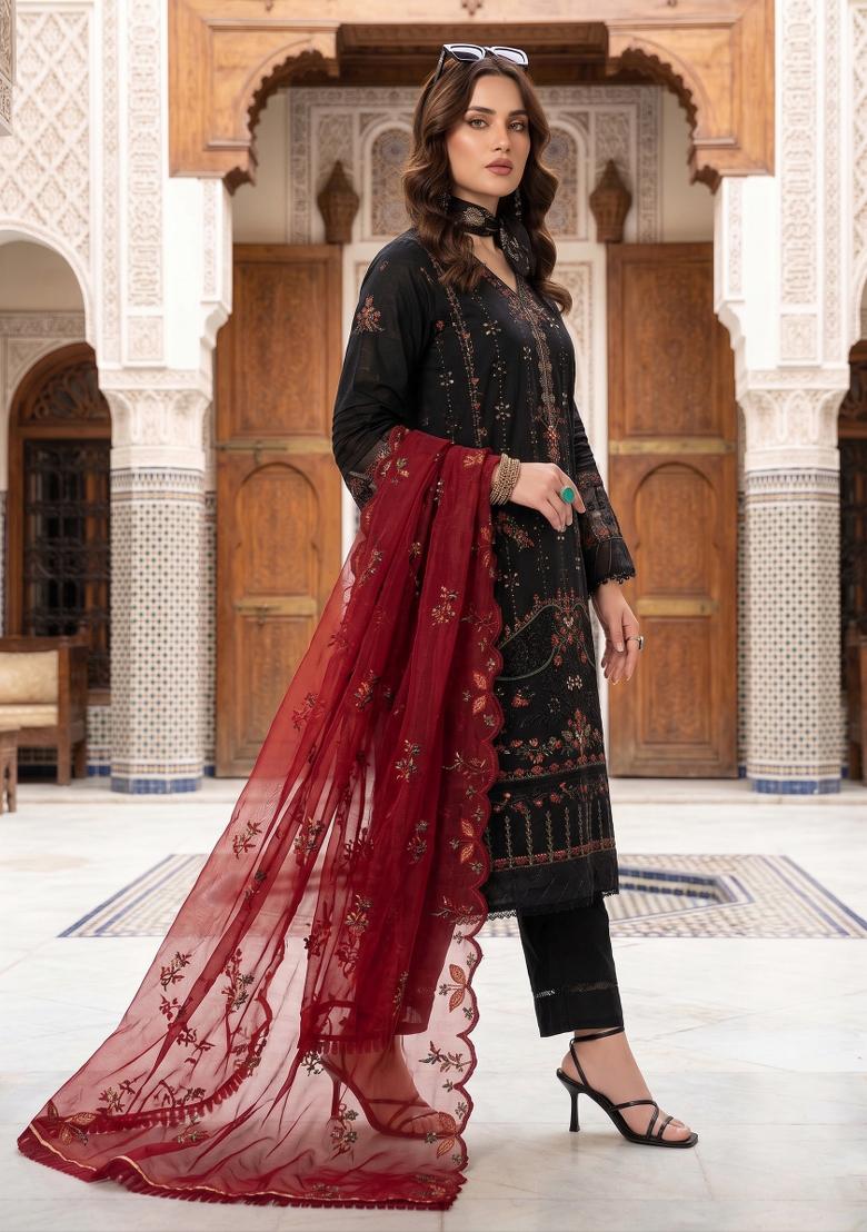 Black Zari Work Silk Blend salwar suit - Indya