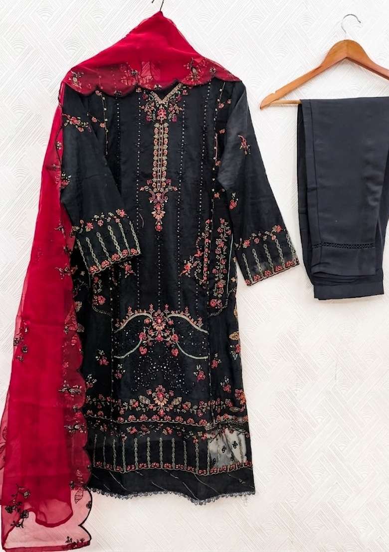 Black Zari Work Silk Blend salwar suit - Indya