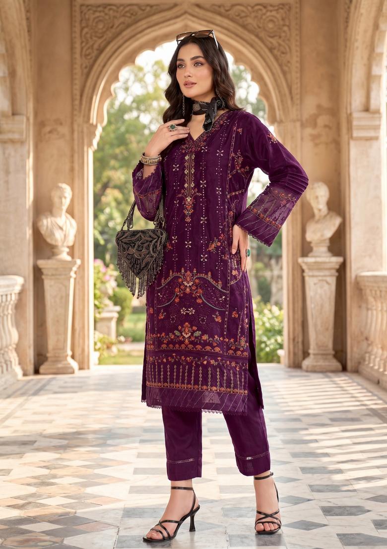 Purple Zari Work Silk Blend salwar suit - Indya