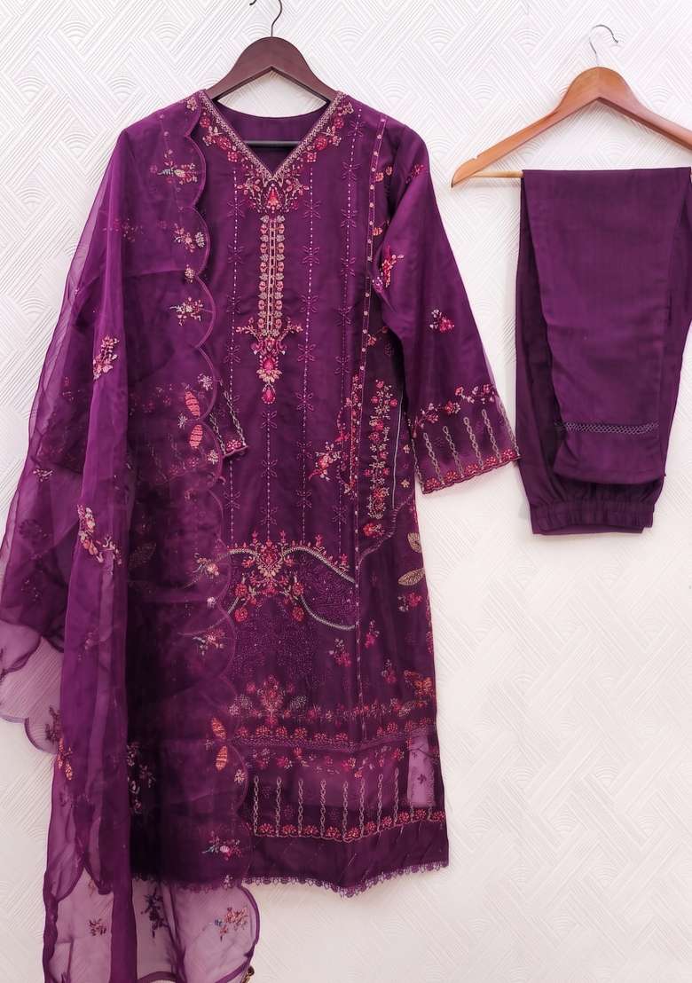 Purple Zari Work Silk Blend salwar suit - Indya